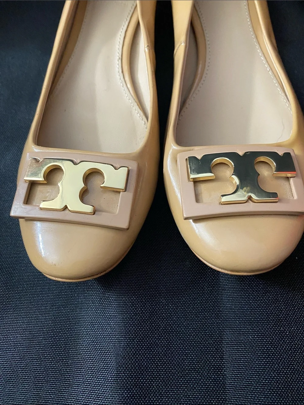 Tory Burch Tan Patent Leather Flats with Gold Logo